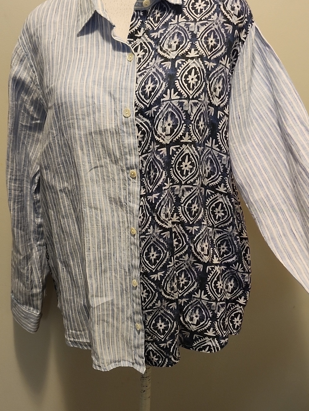 APNY blouse Button Linen Shirt Contrasting Color Block Size XL